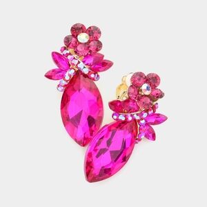 Gold Pink Fuchsia Crystal 2" Clip On Marquise Dangle Earrings Floral Rhinestone